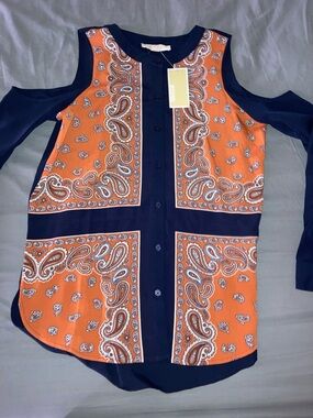 Michael Kors Orange and Navy Paisley Cold-Shoulder Blouse